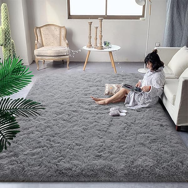 DweIke Fluffy Grey Rugs 5x8 Feet Soft Plush Shaggy Non-Slip Machine Washable Carpet for Bedroom Living Room Kids Nursery Decor