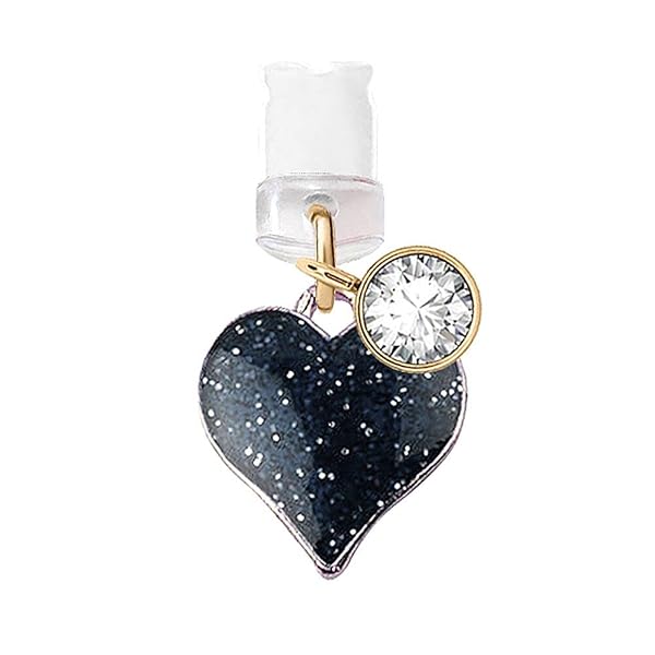 ELISE & FONDA Heart Pendant Anti Dust Plug for iPhone & iPad - USB Charging Port Charm (Black)