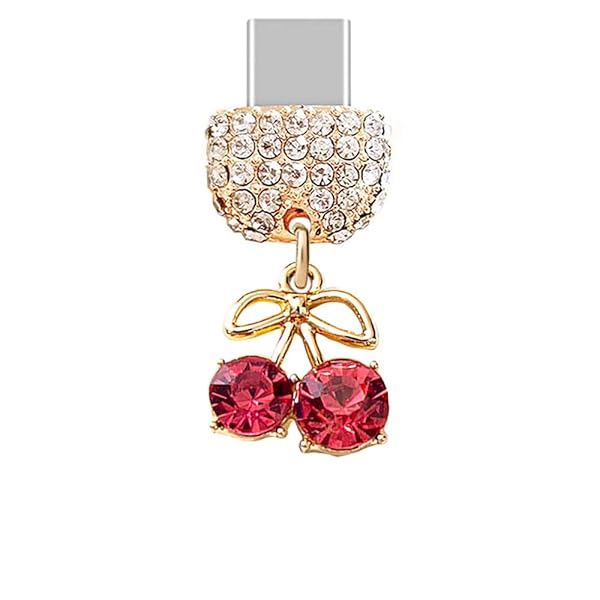 ELISE and FONDA TP213 Type-C Charging Port Crystal Anti Dust Plug Little Cherry Pendant Cell Phone Charm for Samsung Galaxy OnePlus Xiaomi oppo