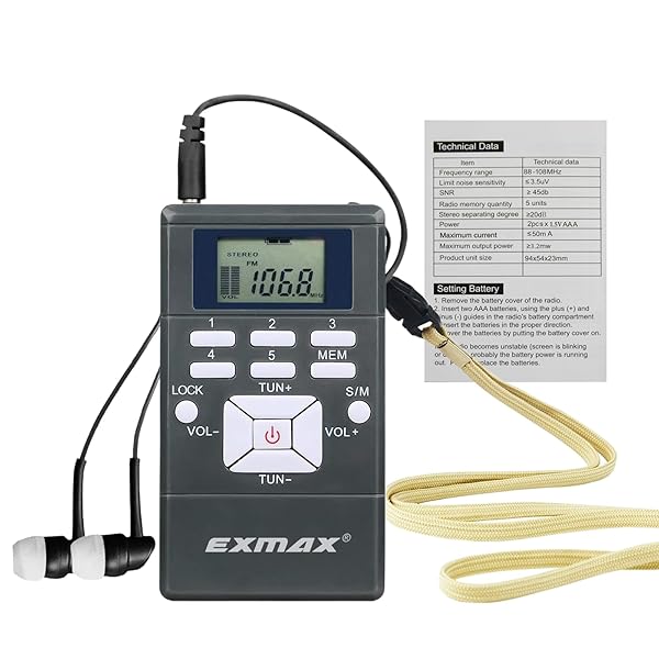 EXMAX EXMAX® E108 Wireless Stereo FM Radio Receiver Portable Pocket Small Mini FM Radio Receiver Earbuds LCD Clock Earphone for FM Translator Tour Guide System Jogging Running Walking Yardwork - Gray