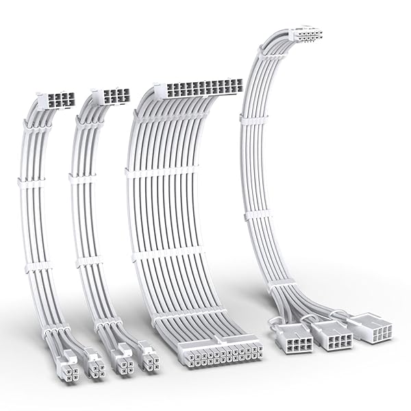 EZDIY-FAB PCIE 5.0 Sleeved Cable Kit, 16AWG PSU Extension, 24PIN-ATX (4+4) PIN-EPS (12+4) PIN to 3X 8 PIN PCIE- RTX4080 4070Ti Extension - Pure White