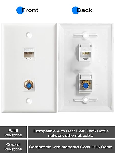 Ethernet Coax Wall Plate - Cat6 Keystone & F Type Connector, 1 Port, White | High-Speed Networking Solution - Image 6