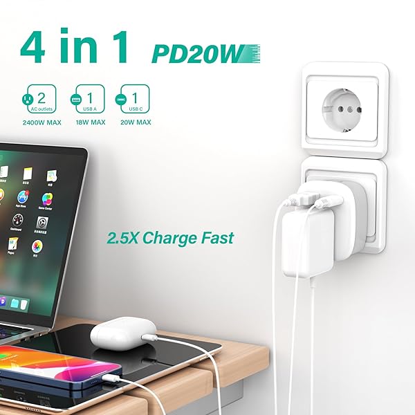 European Travel Plug Adapter, PD 20W USB-C International Power Plug, 2 Outlets and 2 USB Charger, AiJoy Type C Outlet Adaptor Charger for US to Italy - Image 3