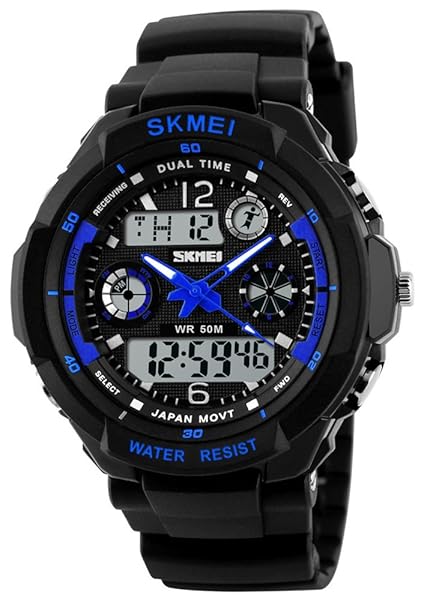 Fanmis Unisex Sport Watch Multifunction Green LED Digital Waterproof Shockproof Wristwatch Blue