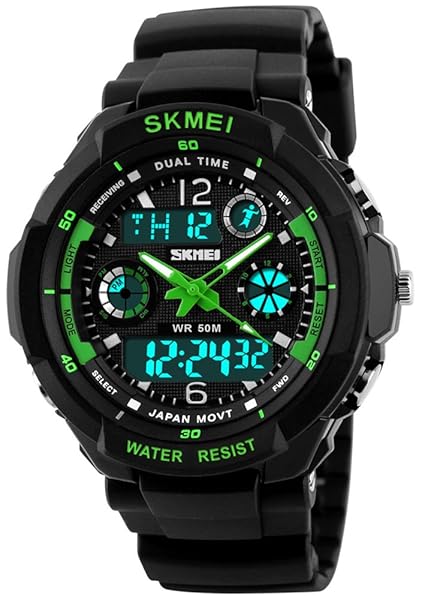 Fanmis Unisex Sport Watch Multifunction Green LED Light Digital Waterproof Shock Wristwatch Green