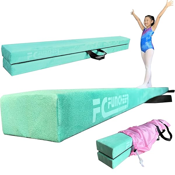 FC FUNCHEER 8FT Folding Balance Beam - Suede Gymnastics Equipment for Kids & Adults - Anti-Slip, Portable with Carry Bag