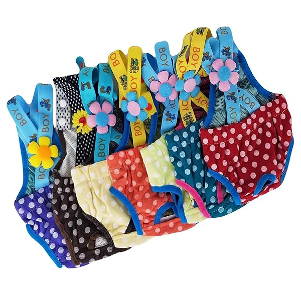 Funny Dog Clothes Set 3pcs Small Dog Puppy Diapers Sanitary Pants Suspenders Polka Dots Random Colors for Female Dogs Waist 15"-20" Length 13"-16"