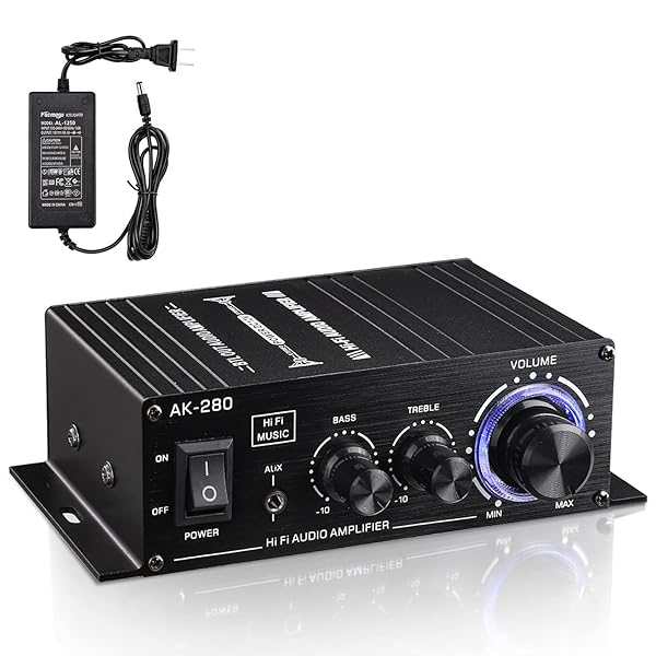 Facmogu AK280 200W+200W Mini 2.0 CH Audio Power Amplifier, 2.0 CH Receiver Speaker Amp with 12V 5A Power Supply, Bass and Treble Control Music Player