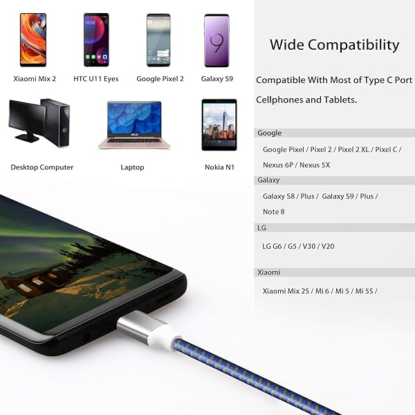 Fasgear 10ft USB C to A Cables 3 Pack - Fast Charging, Nylon Braided, Compatible with Galaxy S20, Note 10, LG, Moto G, PS5 (Blue, Purple, Pink) - Image 6