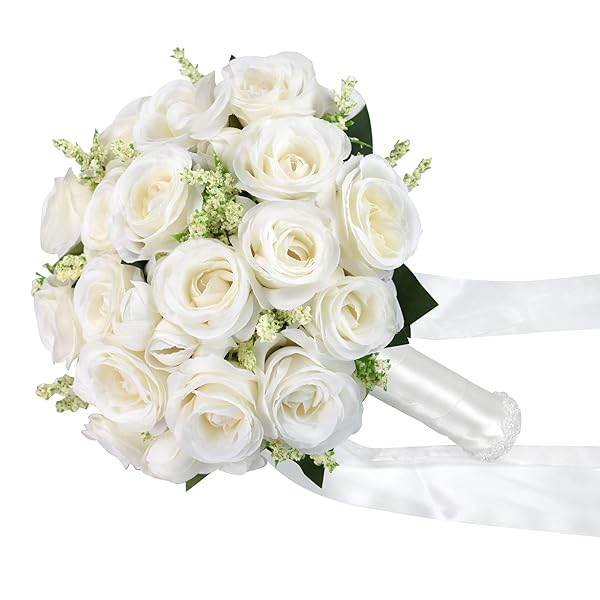 Wedding Bouquets for Bride Bridesmaid Bouquet Ivory Bridal Bouquet Artificial Roses for Wedding Church Home Decoration (Ivory) - Image 2