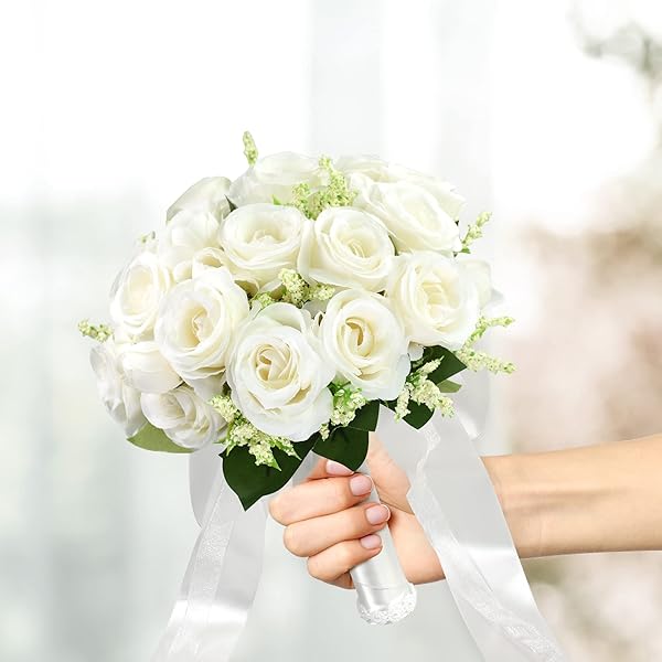 Wedding Bouquets for Bride Bridesmaid Bouquet Ivory Bridal Bouquet Artificial Roses for Wedding Church Home Decoration (Ivory) - Image 3