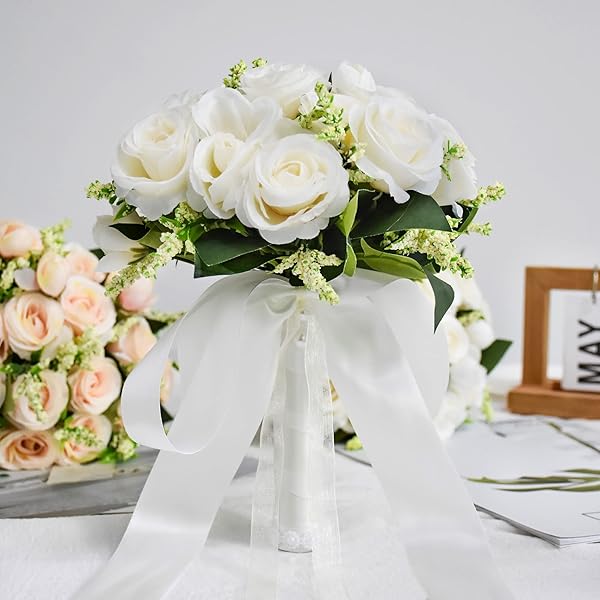 Wedding Bouquets for Bride Bridesmaid Bouquet Ivory Bridal Bouquet Artificial Roses for Wedding Church Home Decoration (Ivory) - Image 4