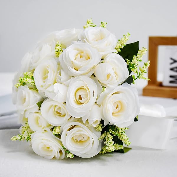 Wedding Bouquets for Bride Bridesmaid Bouquet Ivory Bridal Bouquet Artificial Roses for Wedding Church Home Decoration (Ivory) - Image 5