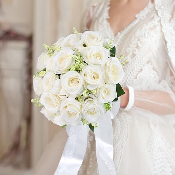 Wedding Bouquets for Bride Bridesmaid Bouquet Ivory Bridal Bouquet Artificial Roses for Wedding Church Home Decoration (Ivory) - Image 6