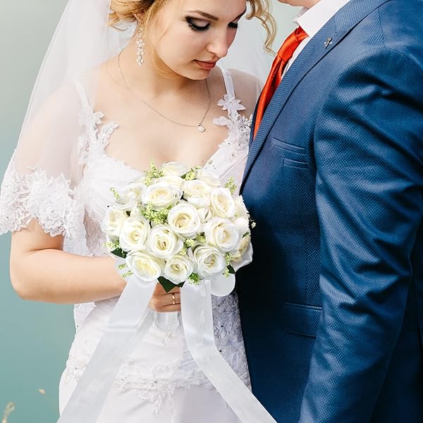 Wedding Bouquets for Bride Bridesmaid Bouquet Ivory Bridal Bouquet Artificial Roses for Wedding Church Home Decoration (Ivory) - Image 7