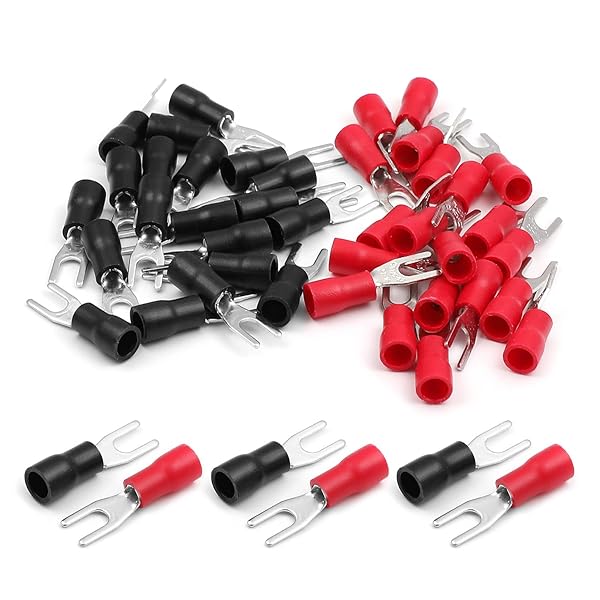 Fielect Fielect 40Pcs Insulated Fork Spade Wire Connectors Electrical Crimp Terminals Assortment Kit AWG 22-16