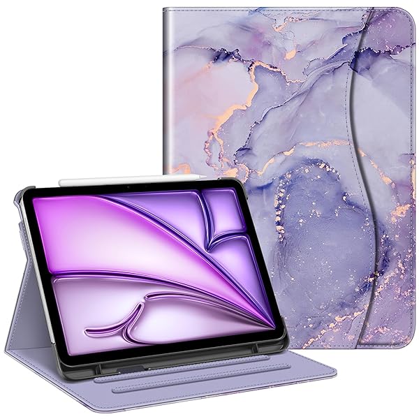 Fintie Lilac Marble Case for iPad Air 11 inch M3 M2 5th 4th Generation 10.9 Inch Multi Angle Viewing Protective Cover with Pencil Holder