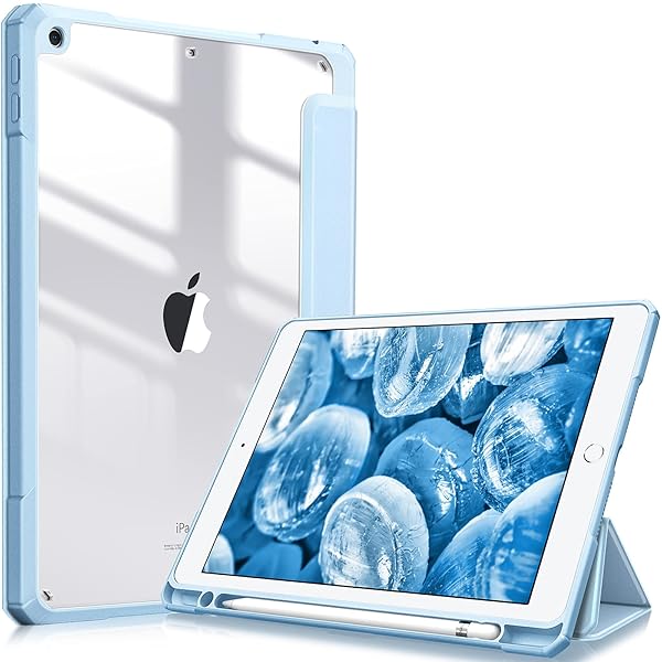 Fintie Hybrid Slim Case for iPad 9th 8th 7th Generation 10.2 Inch with Built-in Pencil Holder Shockproof Clear Back Shell Sky Blue