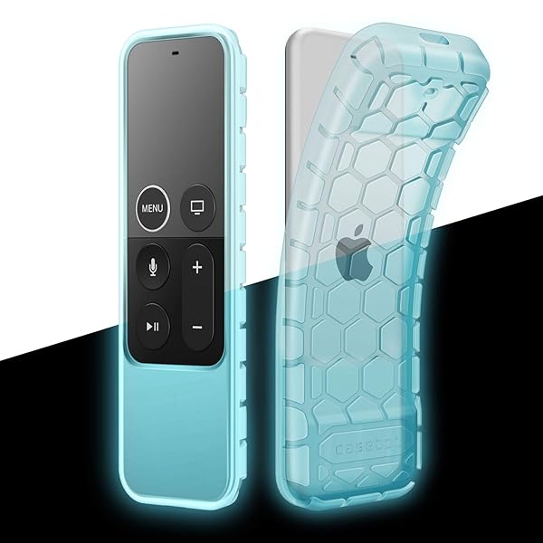 Fintie Shock Proof Silicone Case for Apple TV 4K Remote Honey Comb Series Glow in the Dark Blue Cover
