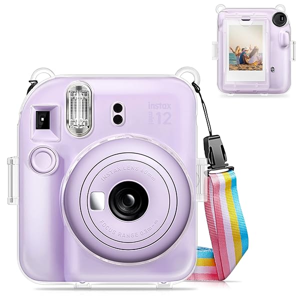 Fintie Clear Case for Fujifilm Instax Mini 12 Instant Camera with Film Pocket and Removable Rainbow Strap