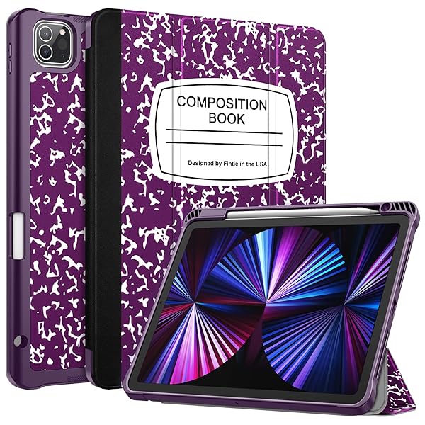 Fintie SlimShell Case for iPad Pro 11 inch 4th 3rd Generation Soft TPU Stand Cover with Pencil Holder Composition Book Purple