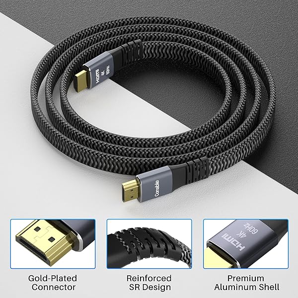 Flat HDMI Cable 20 Feet High Speed Braided Cord Pure Copper 4K 60Hz 2160p 1080p HDR HDCP 2.2 ARC Full 3D with 25 Ties and 2 Adapters - Image 4