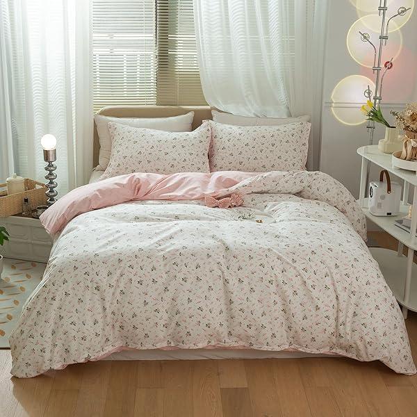 Floral Girls Duvet Cover Full Size Cotton Pink Chic Garden Flower Bedding Set Lightweight Soft Aesthetic Comforter Cover with Pillowcases - Image 4