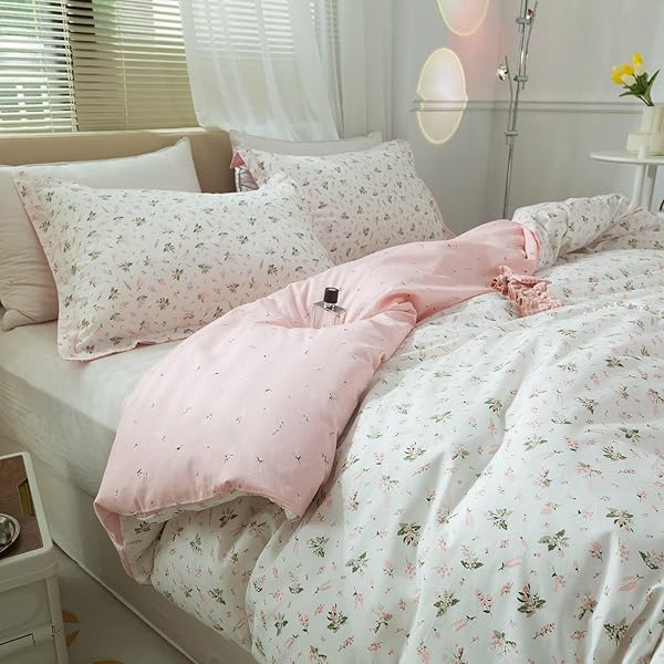 Floral Girls Duvet Cover Full Size Cotton Pink Chic Garden Flower Bedding Set Lightweight Soft Aesthetic Comforter Cover with Pillowcases - Image 5