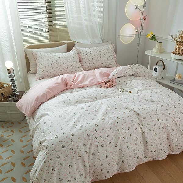 Floral Girls Duvet Cover Full Size Cotton Pink Chic Garden Flower Bedding Set Lightweight Soft Aesthetic Comforter Cover with Pillowcases - Image 7