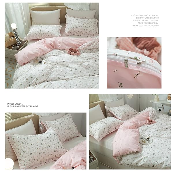 Floral Girls Duvet Cover Full Size Cotton Pink Chic Garden Flower Bedding Set Lightweight Soft Aesthetic Comforter Cover with Pillowcases - Image 8