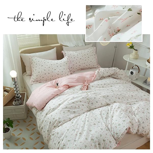 Floral Girls Duvet Cover Full Size Cotton Pink Chic Garden Flower Bedding Set Lightweight Soft Aesthetic Comforter Cover with Pillowcases - Image 9