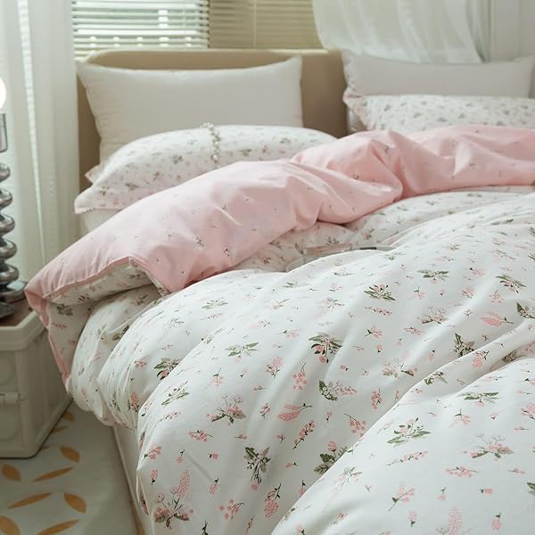 Floral Girls Duvet Cover Full Size Cotton Pink Chic Garden Flower Bedding Set Lightweight Soft Aesthetic Comforter Cover with Pillowcases - Image 11