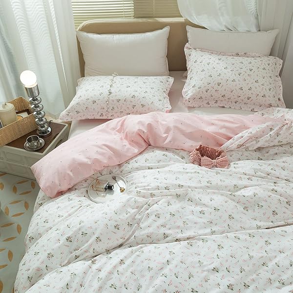 Floral Girls Duvet Cover Full Size Cotton Pink Chic Garden Flower Bedding Set Lightweight Soft Aesthetic Comforter Cover with Pillowcases - Image 3