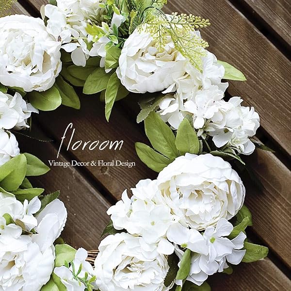 Artificial White Peony Floral Wreath 15-16 Inch for Front Door and Wall Decor - Image 5