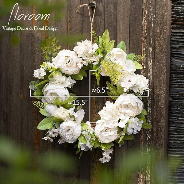 Artificial White Peony Floral Wreath 15-16 Inch for Front Door and Wall Decor - Image 9