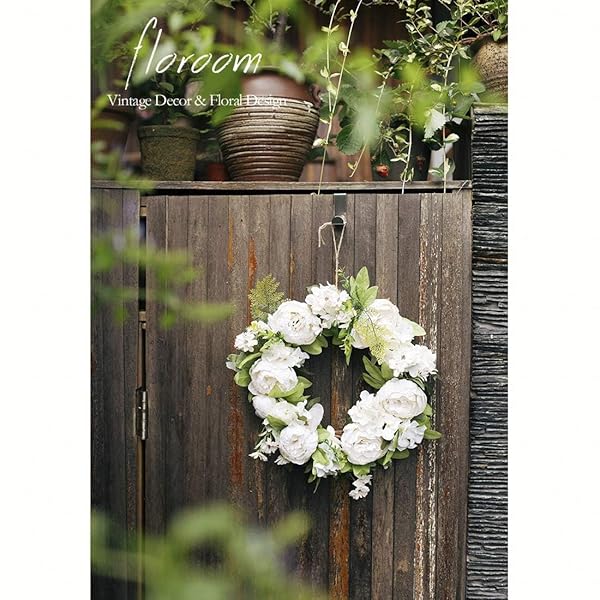 Artificial White Peony Floral Wreath 15-16 Inch for Front Door and Wall Decor - Image 10