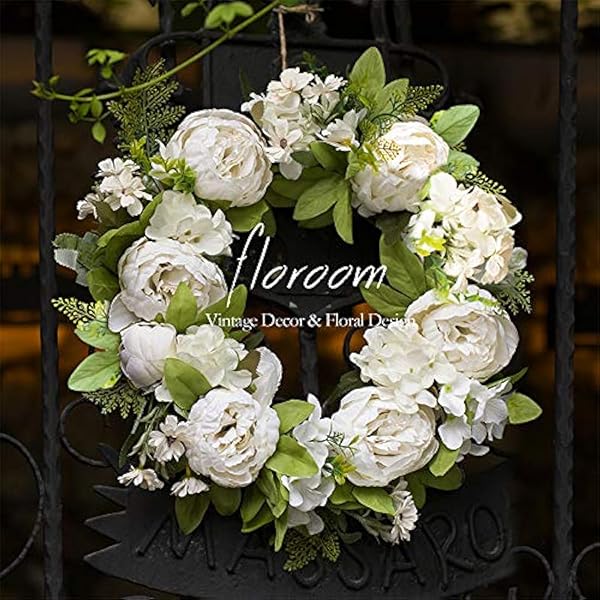Artificial White Peony Floral Wreath 15-16 Inch for Front Door and Wall Decor - Image 2