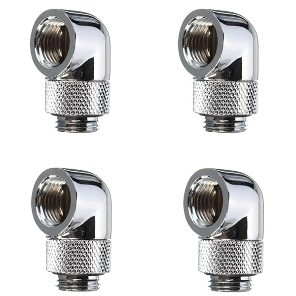 Floratek 90 Degree Fitting Male to Female Extender Adapter for Water Cooling 4-Pack Silver Metal Rigid PETG Tubing Connector