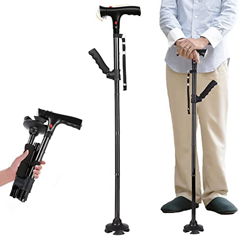 JINER Adjustable Folding Cane with LED Light & Pivoting Quad Base for Seniors - Comfortable Walking Stick for Arthritis & Disabled