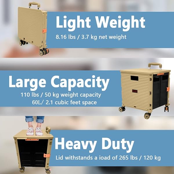 Folding Rolling Utility Cart,Wear-Resistant Noiseless Shopping Trolley Carts with Wheels for Grocery,Portable Crate Storage Tool Box with Lid Used as - Image 2