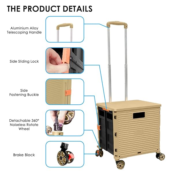 Folding Rolling Utility Cart,Wear-Resistant Noiseless Shopping Trolley Carts with Wheels for Grocery,Portable Crate Storage Tool Box with Lid Used as - Image 4
