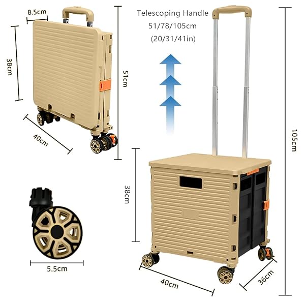 Folding Rolling Utility Cart,Wear-Resistant Noiseless Shopping Trolley Carts with Wheels for Grocery,Portable Crate Storage Tool Box with Lid Used as - Image 5