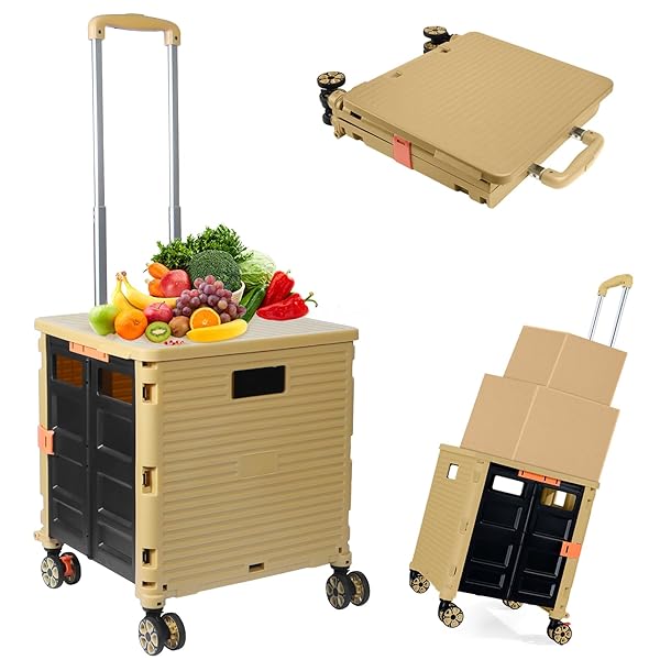 Folding Rolling Utility Cart,Wear-Resistant Noiseless Shopping Trolley Carts with Wheels for Grocery,Portable Crate Storage Tool Box with Lid Used as