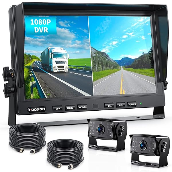 Fookoo ? HD Wired Backup Camera System Kit with 10 Inch Dual Split Screen Monitor for Trucks RVs and Semi-Trailers