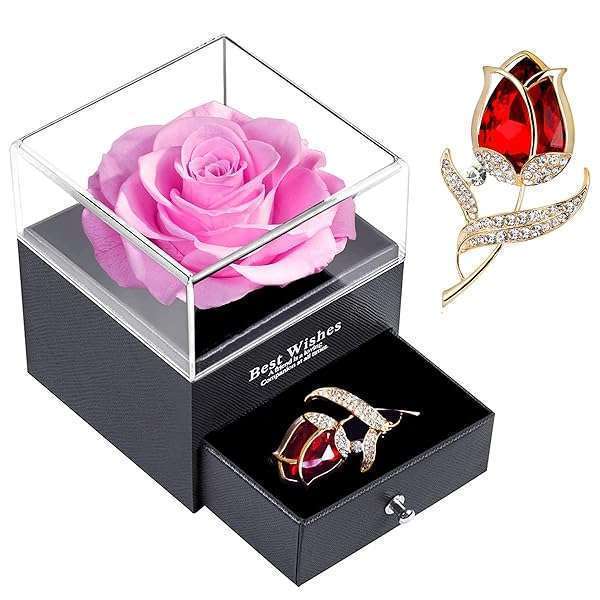 Forever Pink Rose Jewelry Gift Box: Enchanted Real Rose & Ruby Brooch - Ideal Gift for Valentine's, Anniversaries & Birthdays