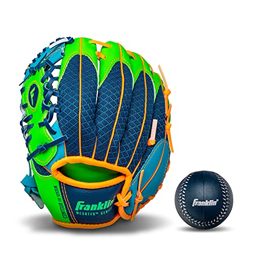 "Franklin Sports Kids Baseball Gloves - Meshtek Tball Mitt & Ball Set for Boys & Girls - Left Hand Throw, 9.5", Navy/Lime/Orange"