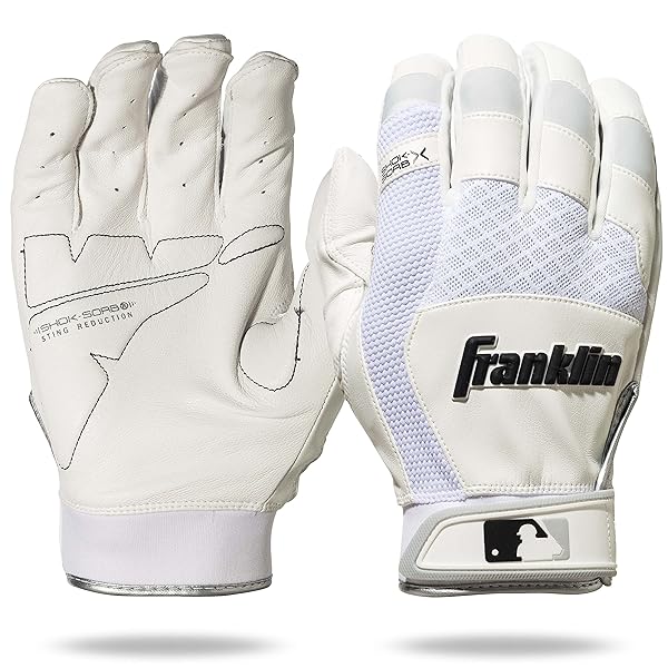 Franklin Sports MLB Shok Sorb Padded Batting Gloves for Adults & Youth - White, Medium Size for Baseball & Softball