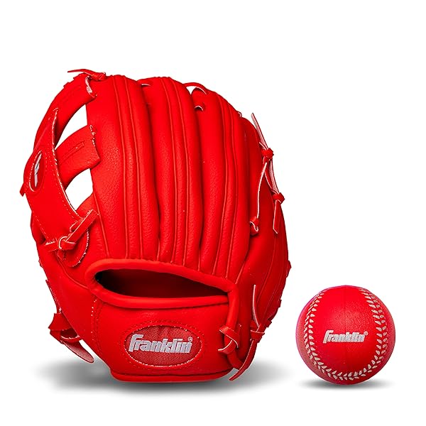 "Franklin Sports 9.5" Teeball Glove - Left/Right Hand Youth Fielding Glove - Ready to Play Synthetic Leather - Red with Ball"