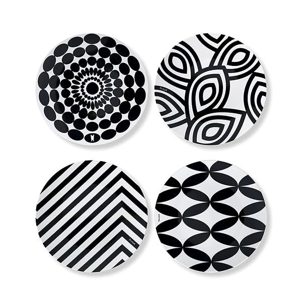 French Bull 4-Piece Assorted Melamine Salad Plates Set - 9-Inch Black & White Dinnerware for Indoor/Outdoor Use