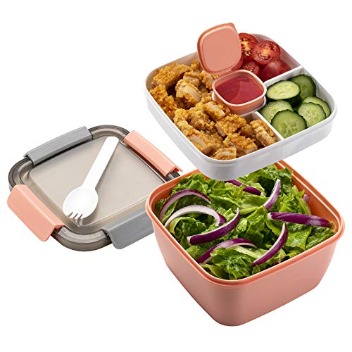 Freshmage Freshmage 52-oz Salad Lunch Container: 3 Compartment Bowls for Toppings & Snacks - Perfect for Men & Women (Pink)